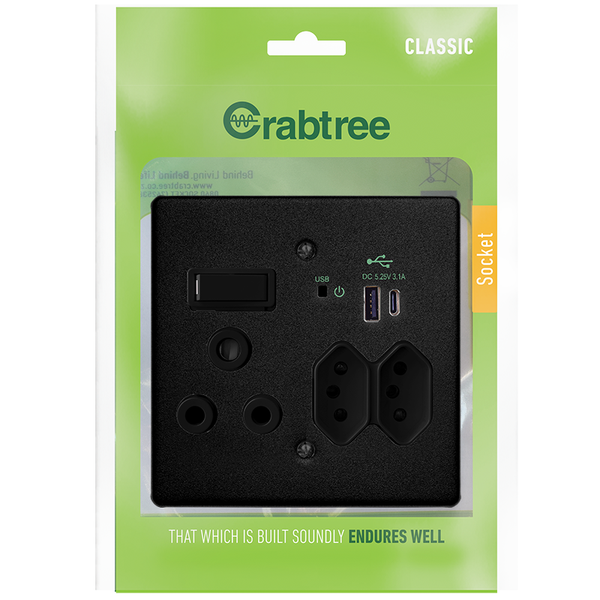 Crabtree Plug 4X4 1x16A 1x Euro USB Blk