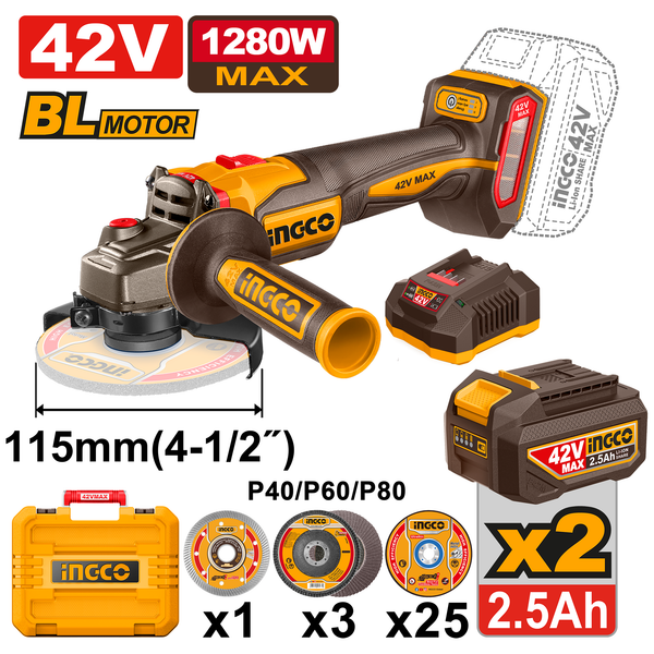 Ingco Angle Grinder 42V 115mm 1280W.