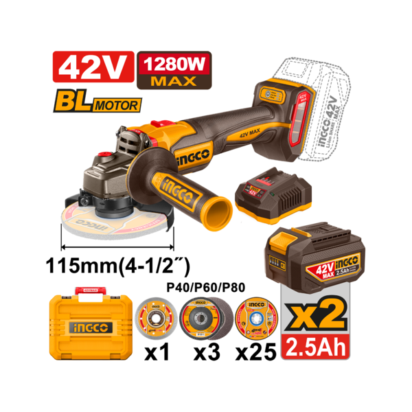 Ingco Angle Grinder 42V 115mm 1280W.