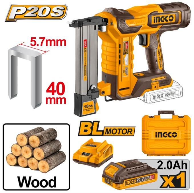 Ingco Crown Stapler Nailer Kit 20V