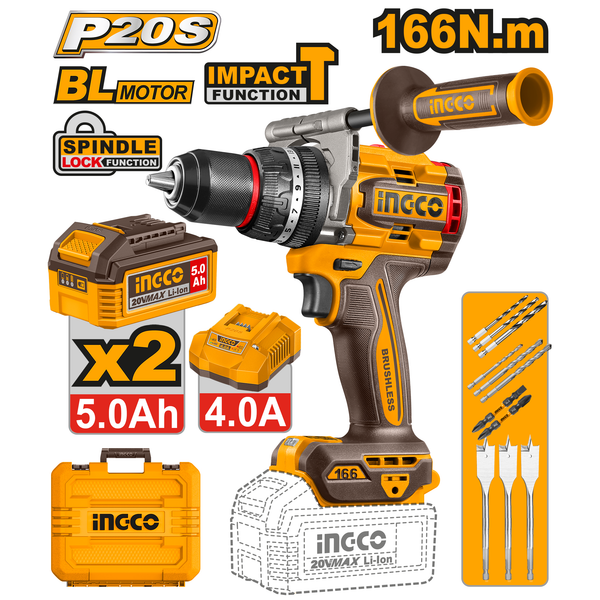 Ingco Impact Drill Kit 166Nm 20V