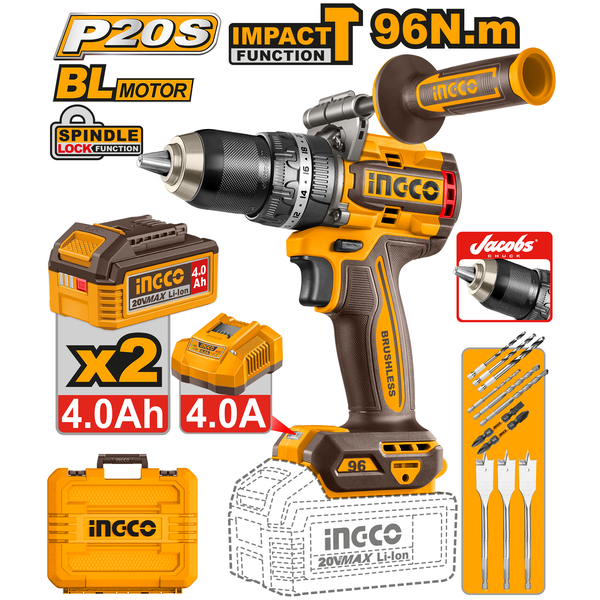 Ingco Impact Drill Kit 13mm 96N.m 20V..