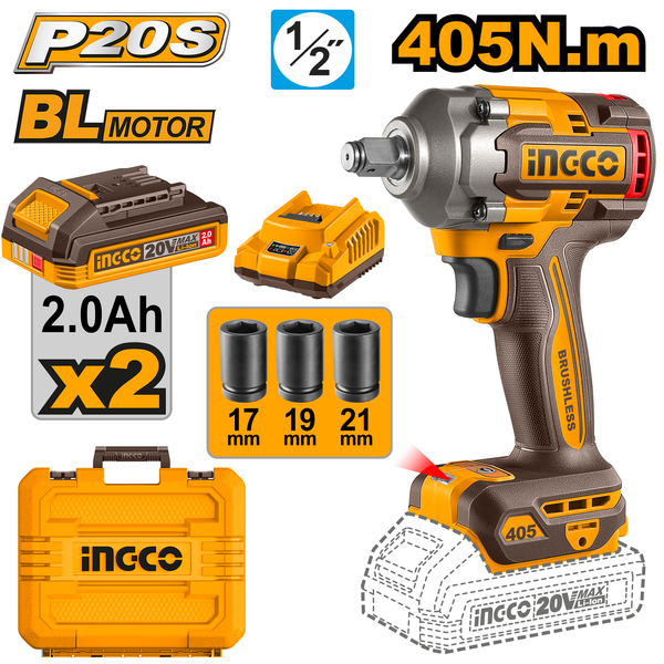 Ingco Impact Wrench 20V 405N.m x 2 Batt