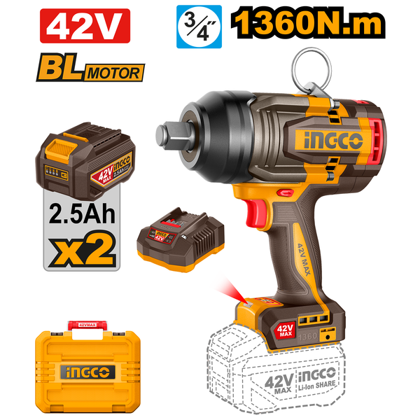 Ingco 42V Impact Wrench Kit 1360N.m