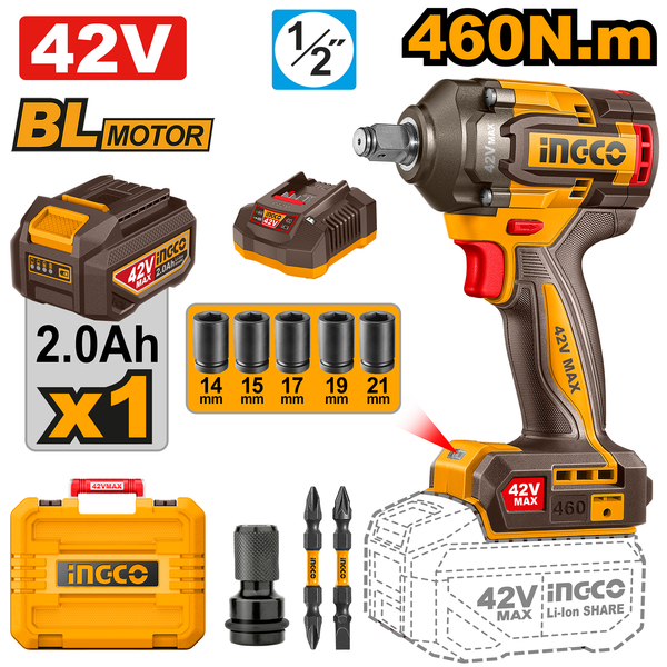 Ingco 42V Impact Wrench Kit 600N.m