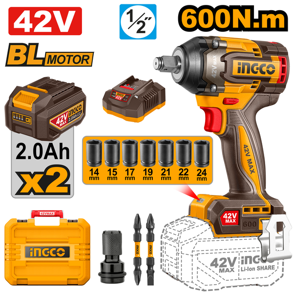 Ingco C/Impact Wrench 42V 600Nm/750Nm