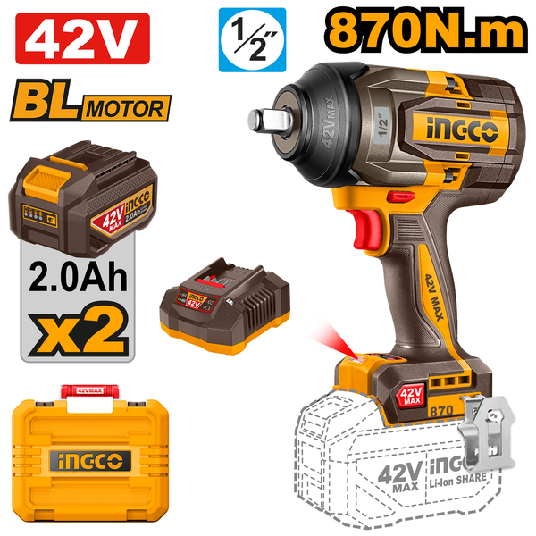 Ingco Impact Wrench Kit 42V 870N.m