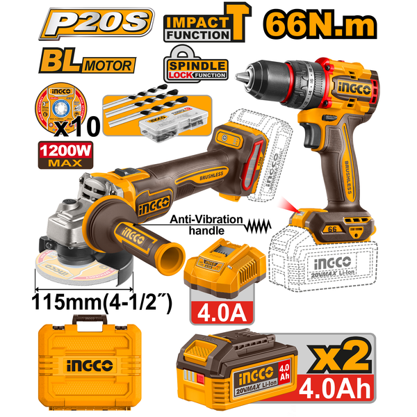 Ingco Drill/Grinder Combo Kit 20V New