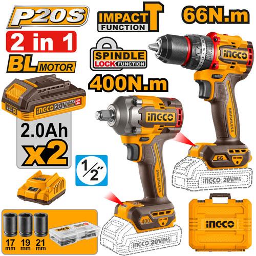 Ingco Impact Drill/Wrench Kit 2Pcs 20V