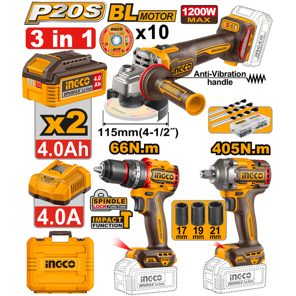 Ingco 3Pc Drill; Wrench; Grinder Kit