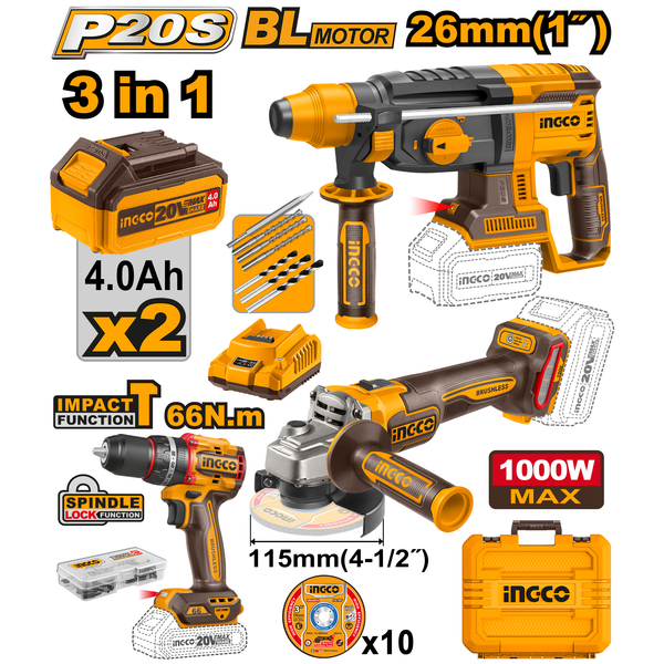 Ingco Drill; Grinder and Hammer Set 3Pcs