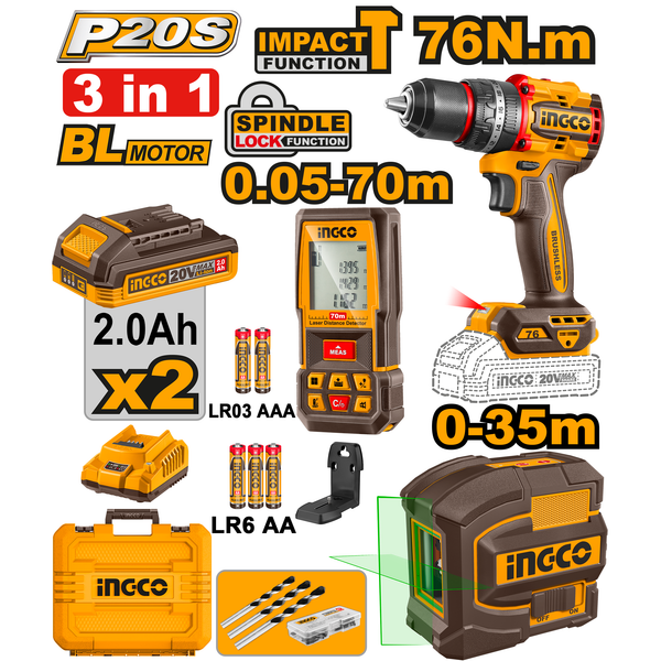 Ingco Drill; Laser Level; Detector Combo