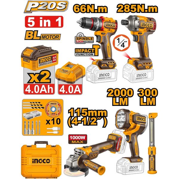 Ingco Impact Drill/Driver 5Pc Combo Kit