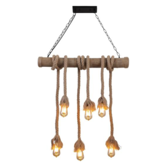 Pendant Wood & Rope 6xE27 Bulbs