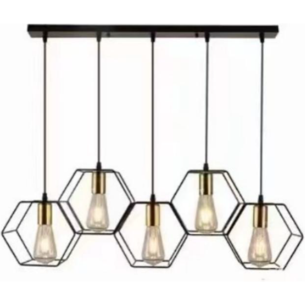 Pendant Hexagon Black Gold 5xE27 Bulbs