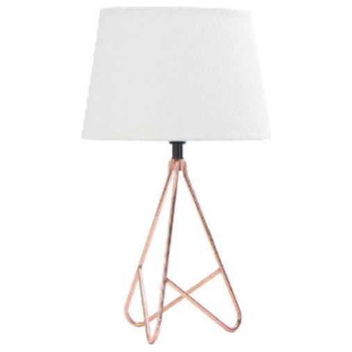 Modern table lamp with a white fabric shade and a rose gold minimalist tripod base