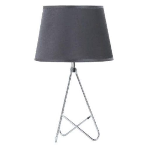 Modern table lamp with a black fabric shade and a minimalist chrome tripod base