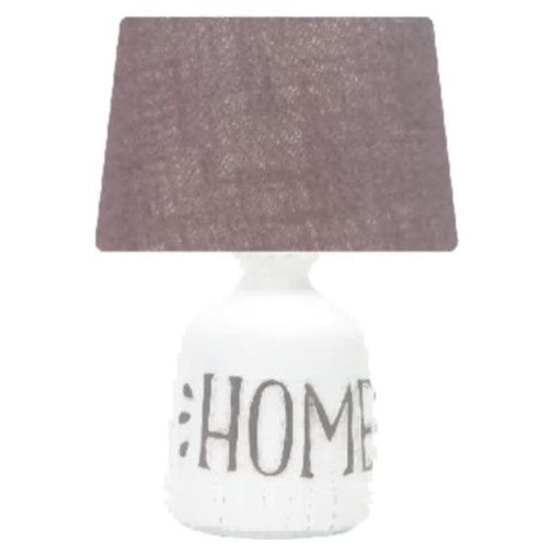 White table lamp with a fabric shade and a base featuring the word 'HOME'