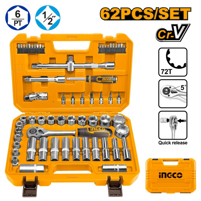 Ingco 62 Piece Wrench Socket Set 10-32mm