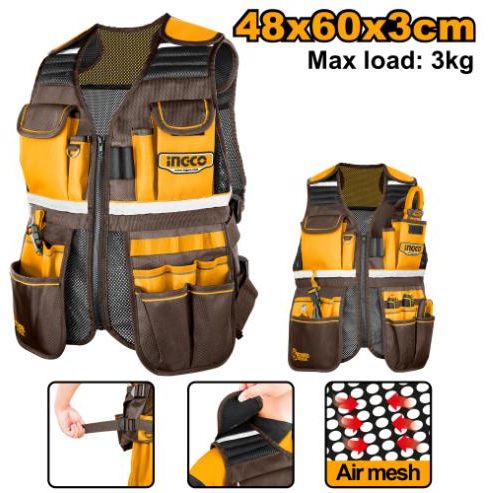  INGCO tool vest with multiple pockets, adjustable straps, and air mesh for breathability