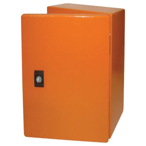 Orange metal electrical enclosure box with a hinged door and locking mechanism