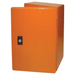 Orange metal electrical enclosure box with a hinged door and locking mechanism