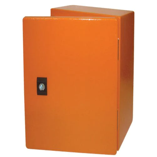 Orange metal electrical enclosure box with a hinged door and locking mechanism 3