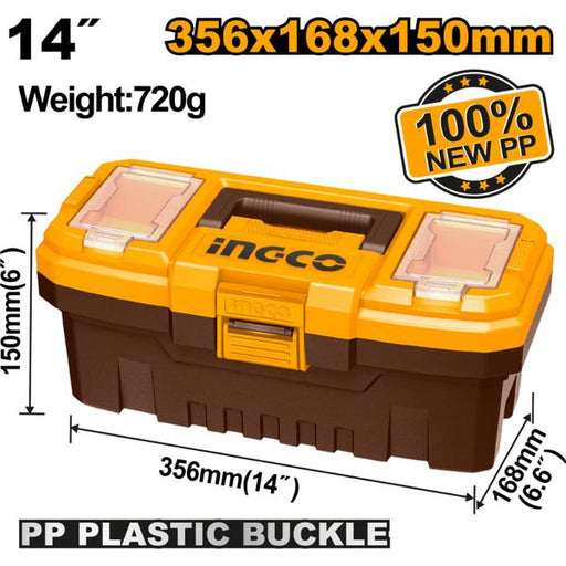 14-inch INGCO toolbox with dimensions 356x168x150mm, featuring a PP plastic buckle