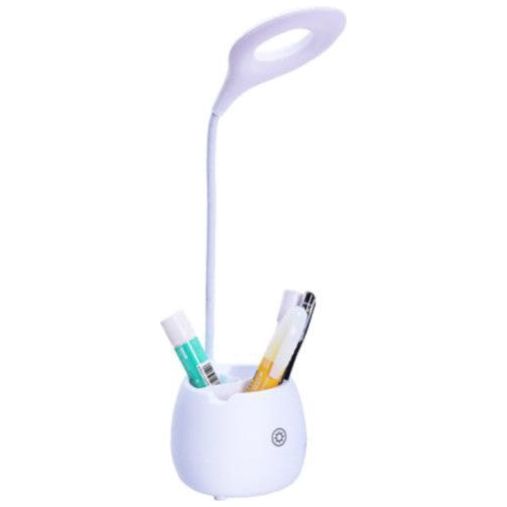 White LED desk lamp with an integrated pen holder and flexible neck