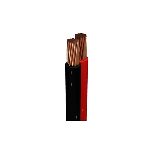 Black and red insulated copper wires, partially stripped to show stranded copper conductors