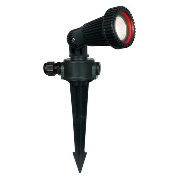 Splash proof plastic garden spike with glass cover. Head width : 79mm. Head lenght : 130mm. Uses 1 x GU10 lamp (not included).